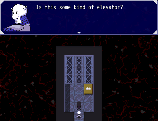 Screenshot of Bleu and Crowley in the elevator