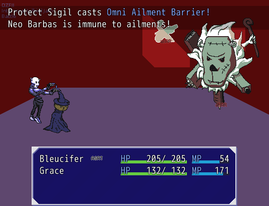 Screenshot of the Neo Barbas and its defensive sigil casting ailment barrier